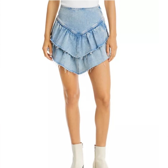 MOTHER THE RUFFLE MINI RAW EDGE DISTRESSED DENIM JEAN MINI COASTAL COWGIRL SKIRT - Picture 3 of 16